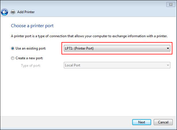 Click Use an Existing Port
