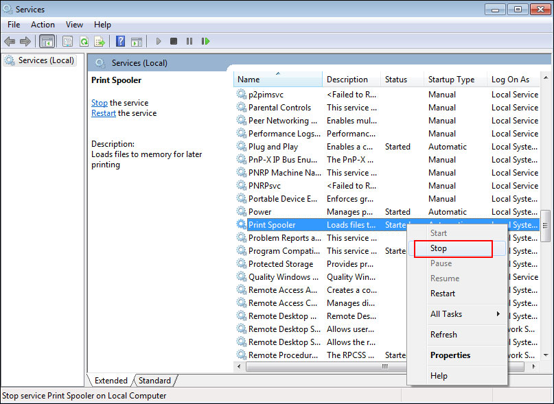 Right-click on the Print Spooler service and then select Stop